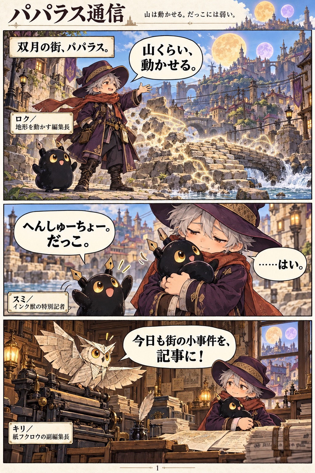 漫画1ページ目。双月の街で地形を動かす編集長ロク。インク獣スミにだっこを求められ、新聞社では紙フクロウのキリが今日の取材を送り出す。台詞と場面の説明は下の欄でも読めます。