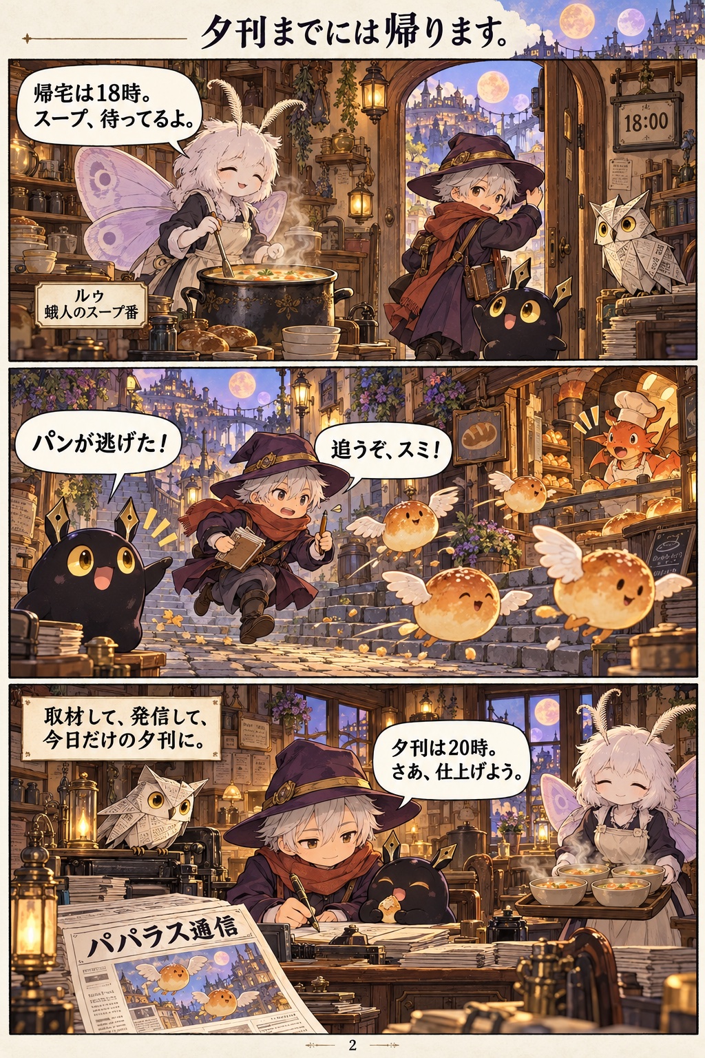 漫画2ページ目。蛾人のスープ番ルゥと18時の帰宅を約束。ロクとスミは逃げたパンを取材し、夜は新聞社の四人と今日だけの夕刊を仕上げる。台詞と場面の説明は下の欄でも読めます。